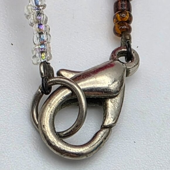 Art Glass Bead Necklace 36" Clear Blue Amber Floral Abstract Silver Tone - Picture 9 of 10